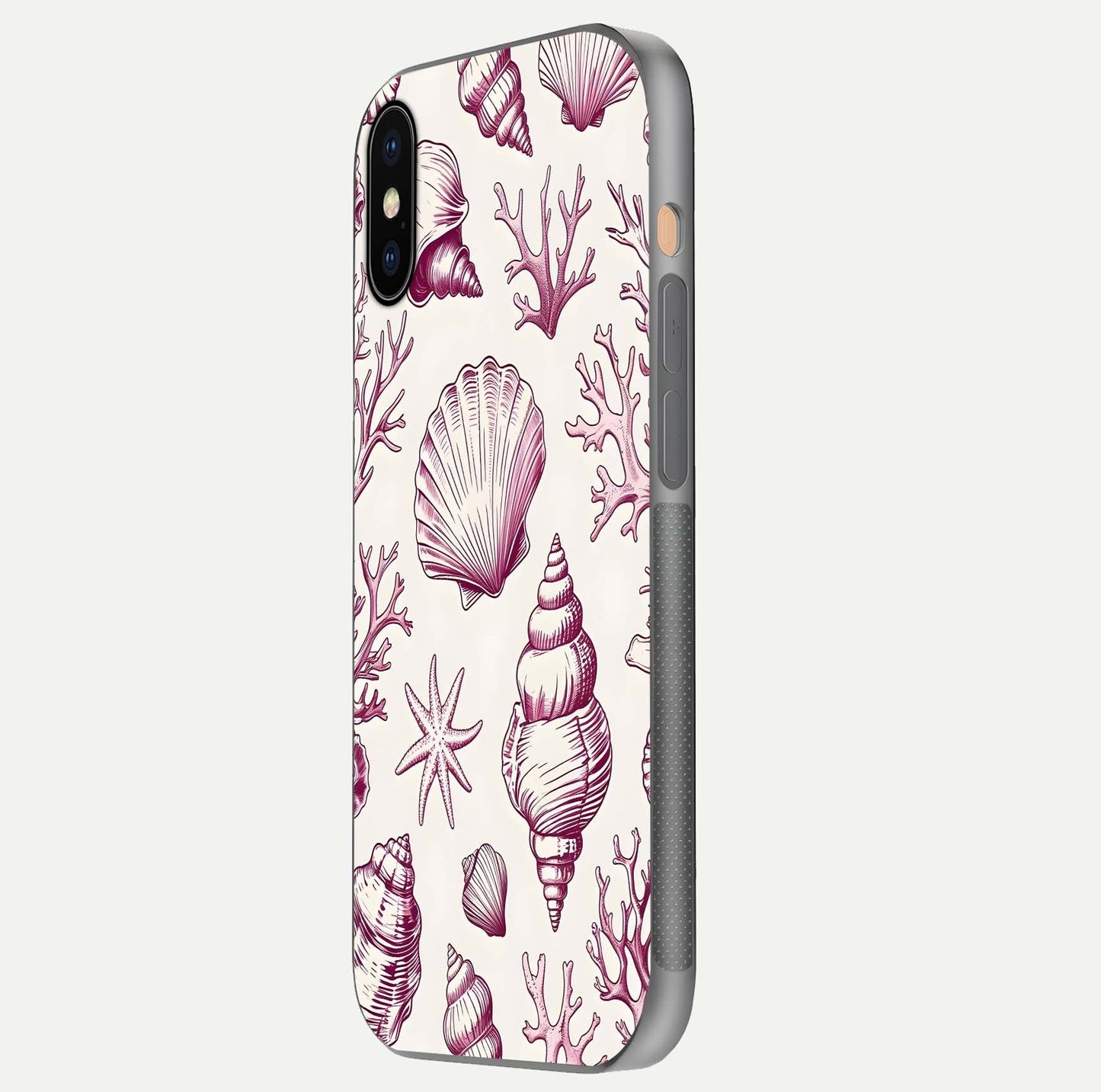 Pink Shells Outline Glass Case for iPhone Xs side-angle image showing shine and intricate outline texture