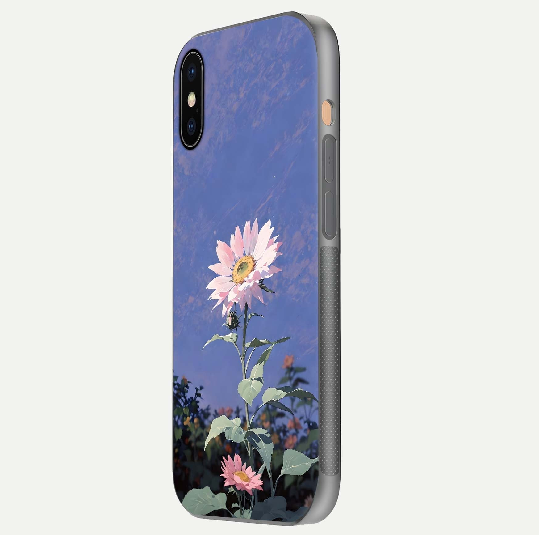 Pink Sunflower Glow Glass Case for iPhone Xs side-angle image showing glossy edges and vivid sunflower tones