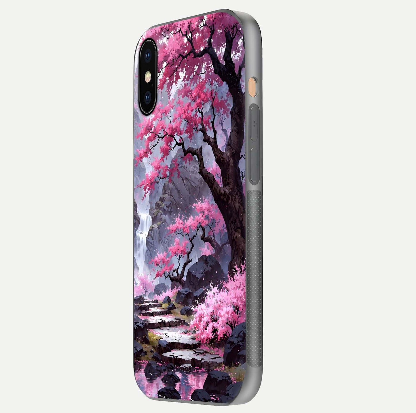 Pinkish Scenery Glass Case for iPhone Xs side-angle image showing depth, gloss, and scenic details