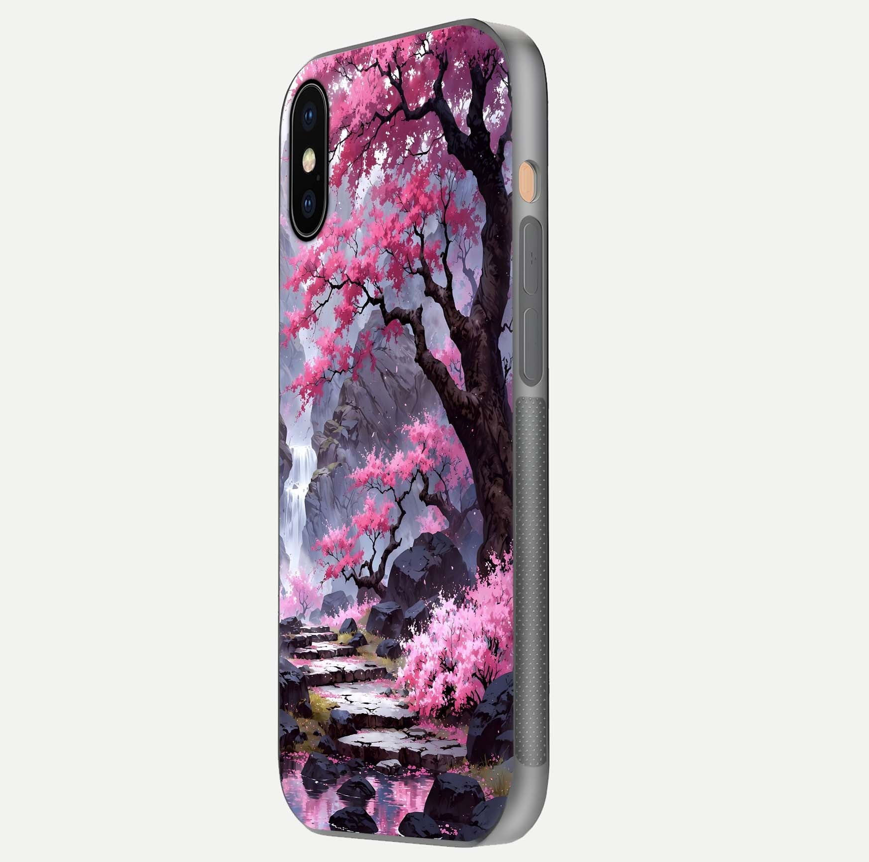 Pinkish Scenery Glass Case for iPhone Xs side-angle image showing depth, gloss, and scenic details