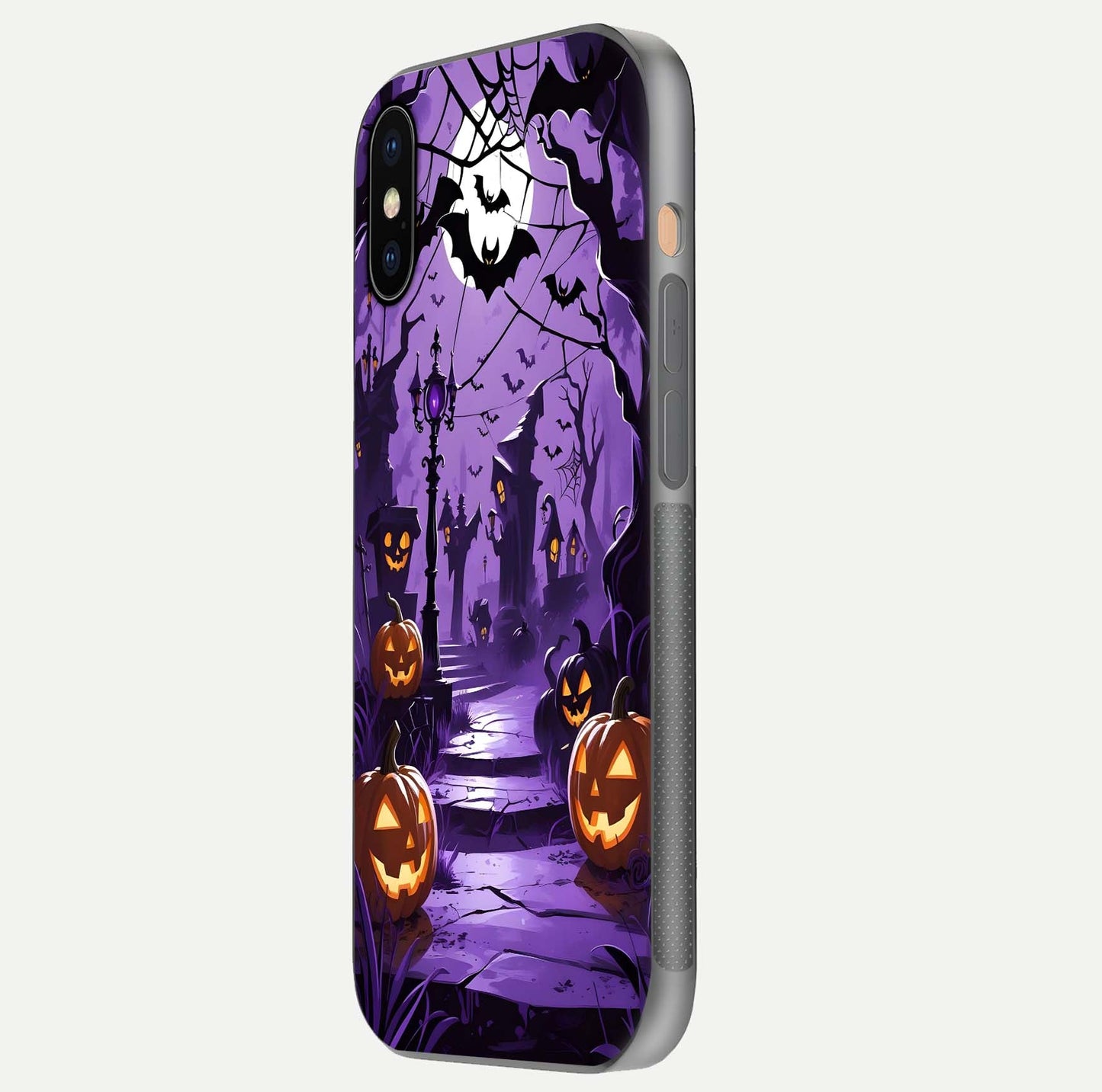 Pumpkin Patch Halloween Glass Case for iPhone Xs side-angle image showing shine, camera cutout, and spooky art