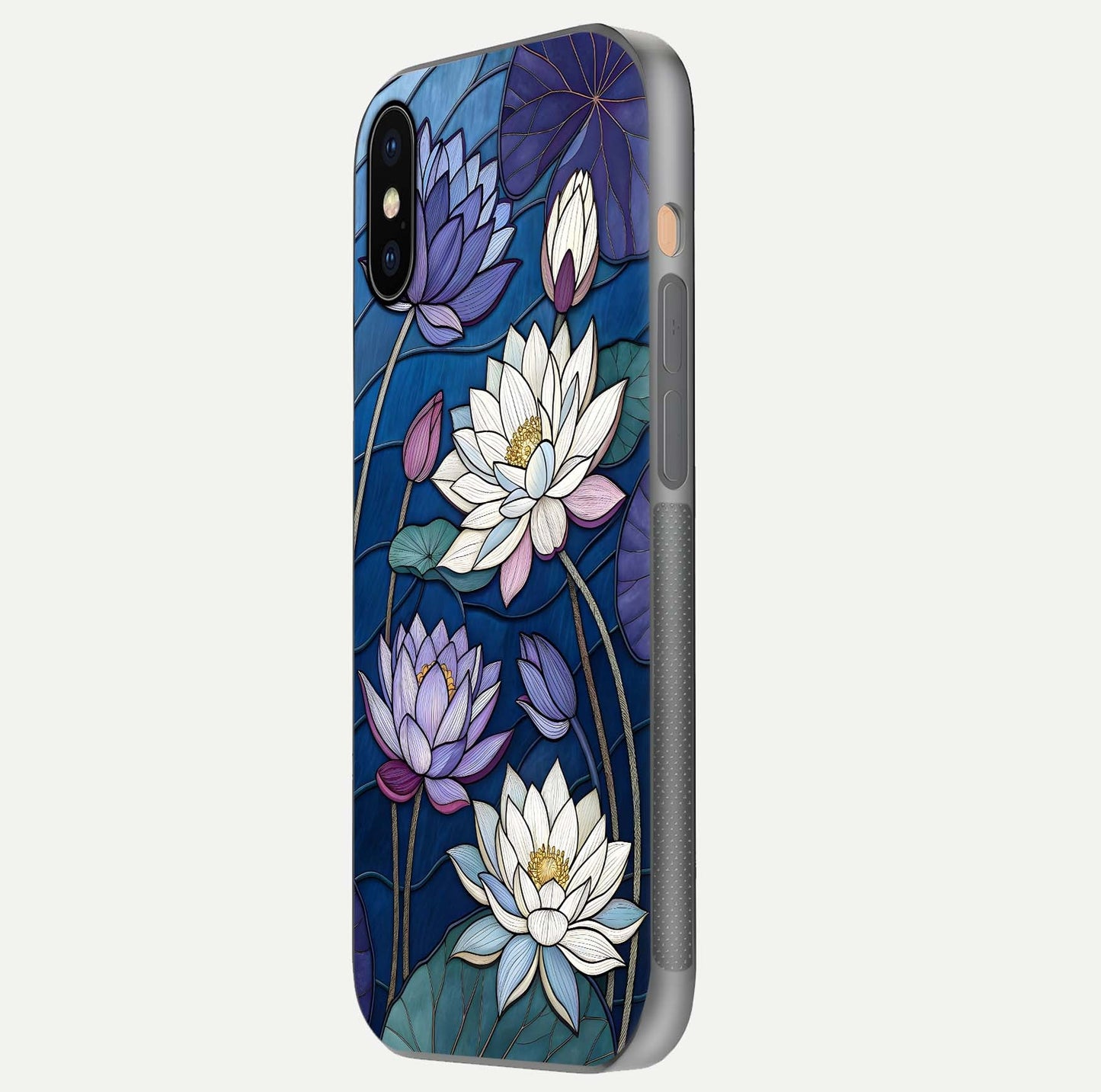 Purple Lotus Stained Glass Case for iPhone Xs side-angle image showing gloss, reflection, and intricate detailing