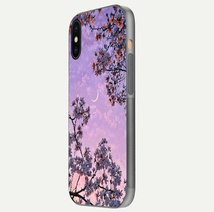 Purple Serenity Moon Glass Case for iPhone Xs side-angle image showing reflection and lunar art precision
