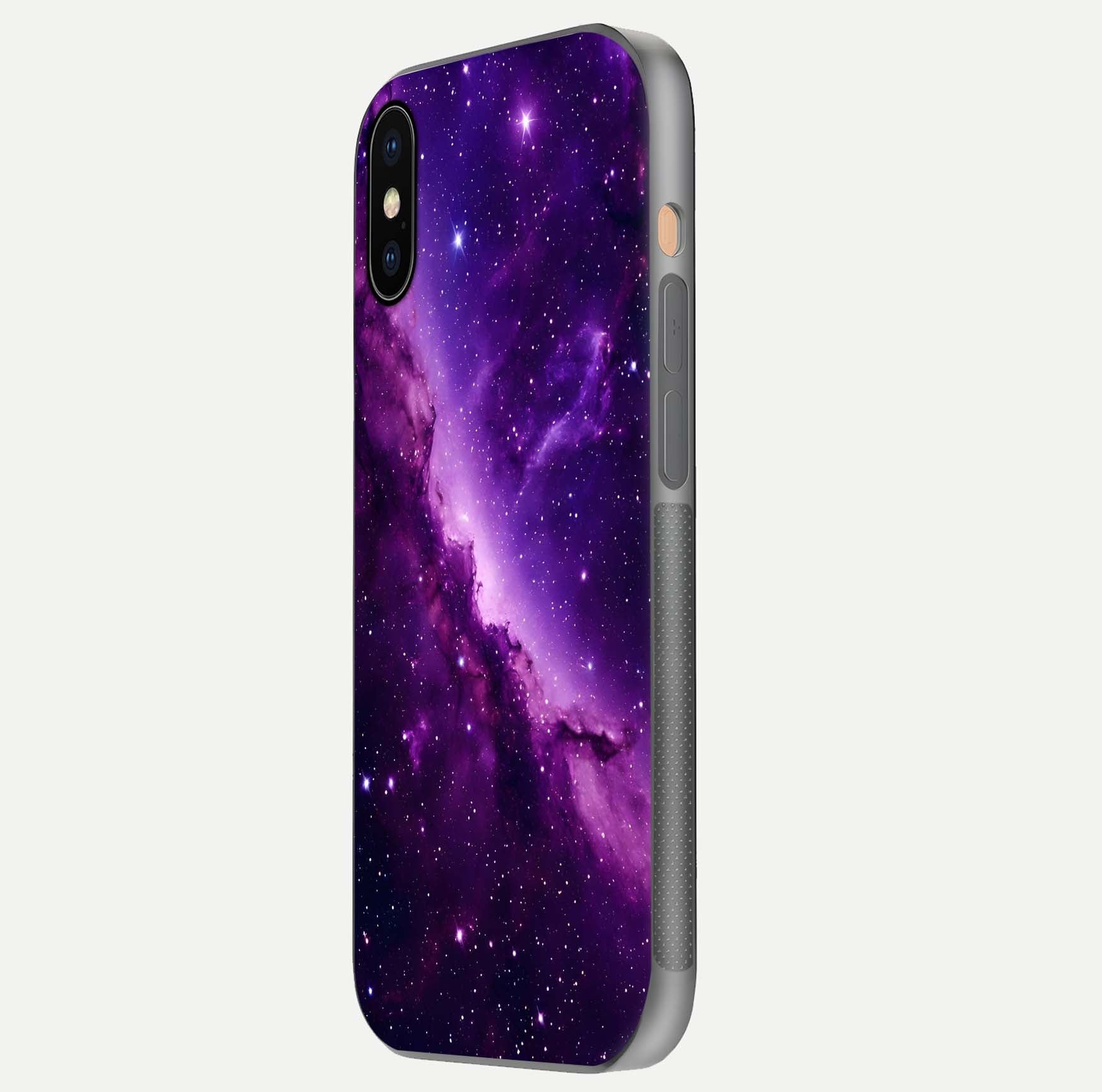 Purple Shade Sky Glass Case for iPhone Xs side-angle image showing shine and soft violet blend