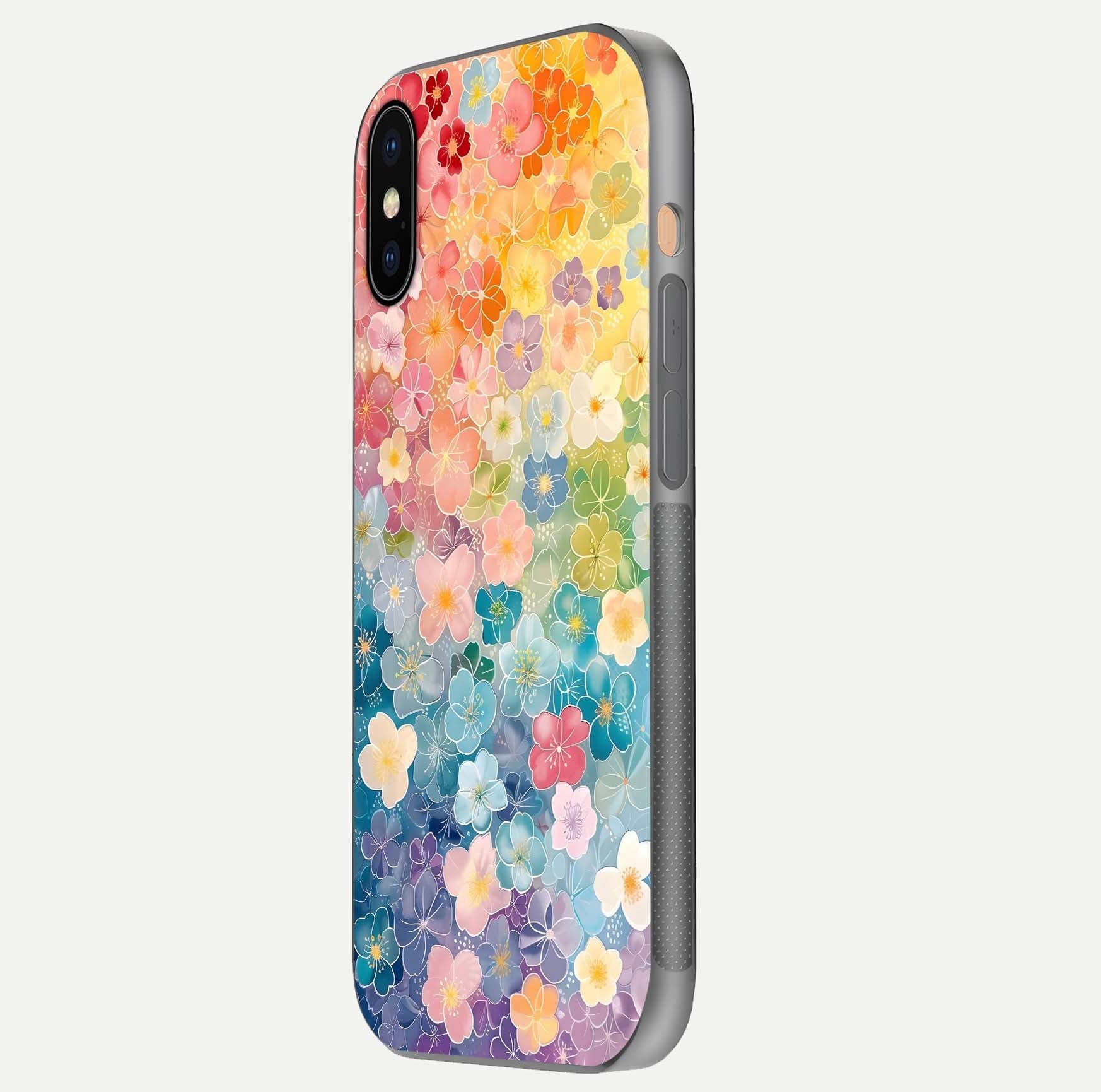 Rainbow Blossom Burst Glass Case for iPhone Xs side-angle image showing reflection and floral burst detail