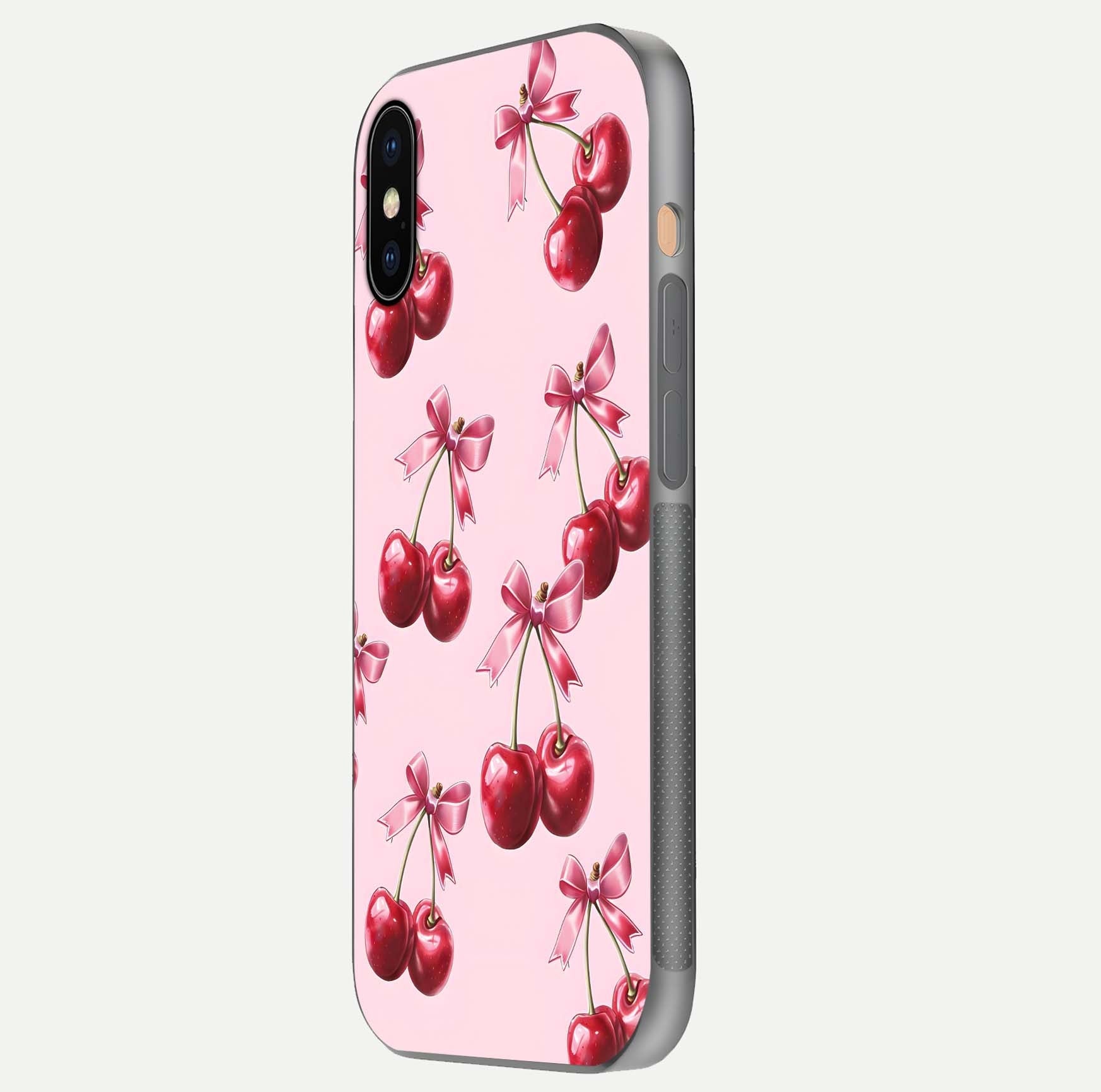 Red Cherries Pattern Glass Case for iPhone Xs side-angle image showing gloss surface and cherry details