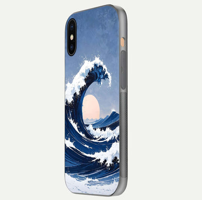Rising Tide Power Glass Case for iPhone Xs side-angle image showing shine and detailed ocean art