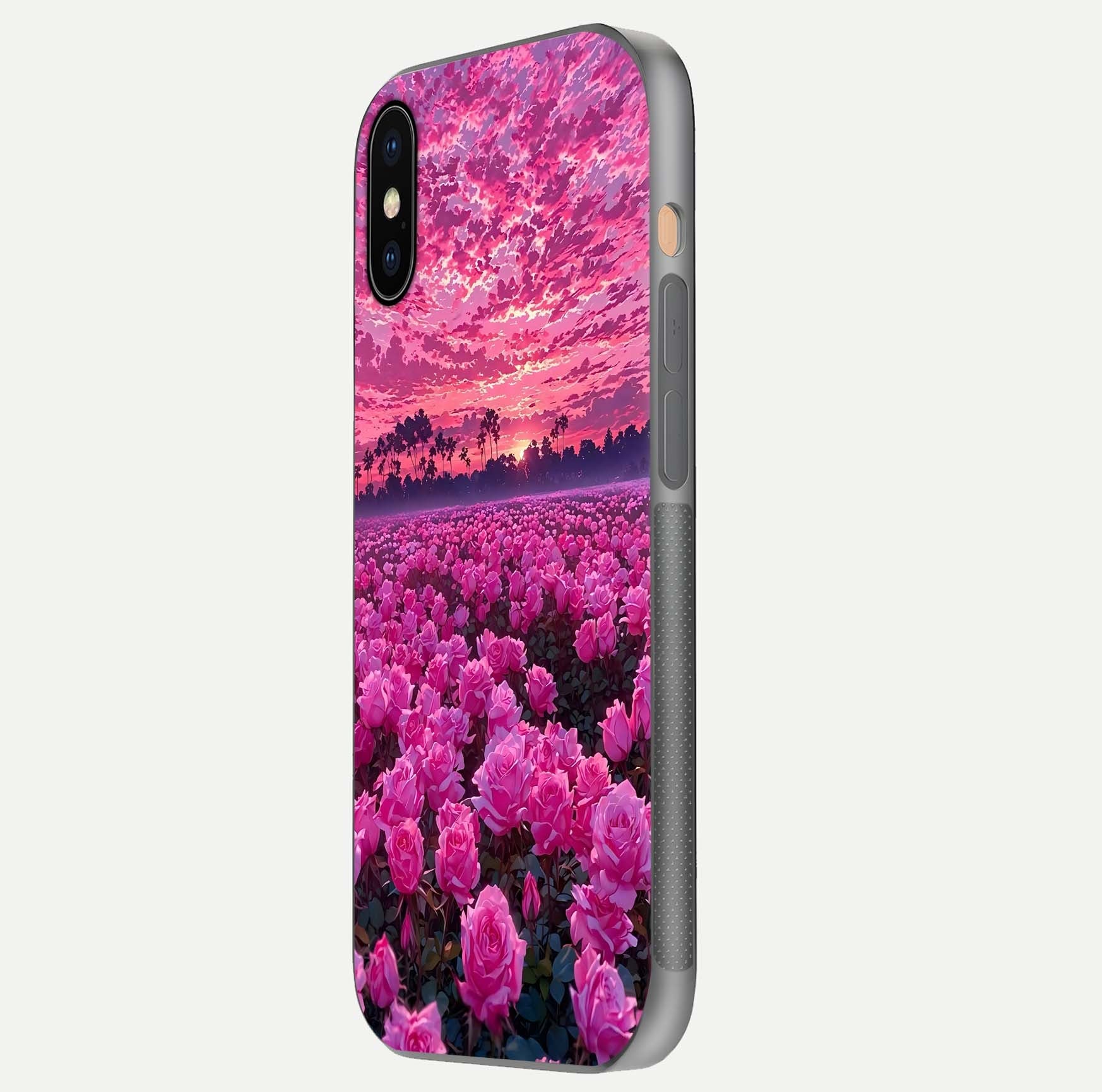 Rose Sunset Valley Glass Case for iPhone Xs side-angle image showing smooth edges and floral glow