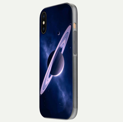 Saturn Ring Mystique Glass Case for iPhone Xs side-angle image showing shine and galaxy ring focus
