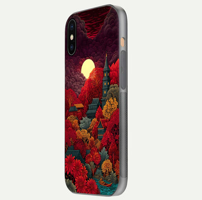Scarlet Autumn Temple Glass Case for iPhone Xs side-angle image showing color depth and reflection clarity