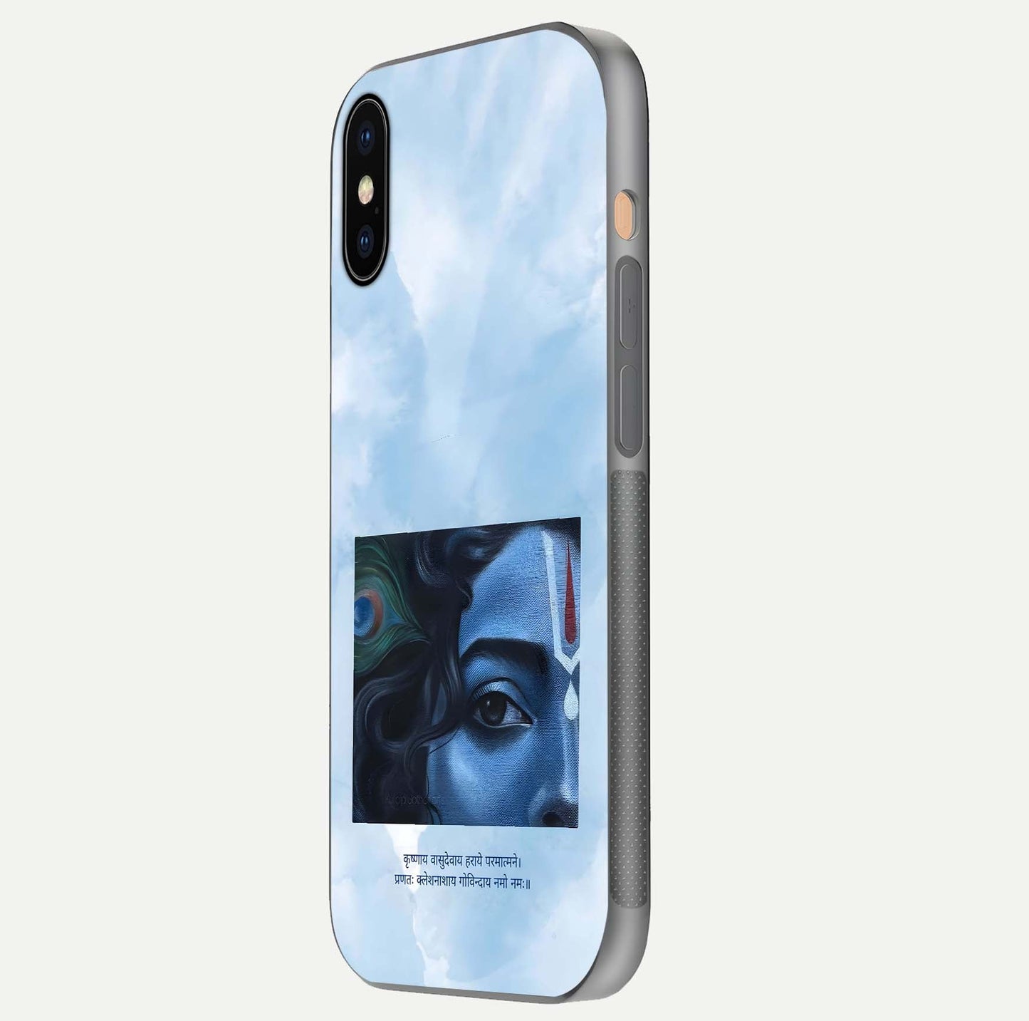 Spiritual Krishna Glass Case for iPhone 16 Pro side-angle image showing reflection and vivid artwork clarity