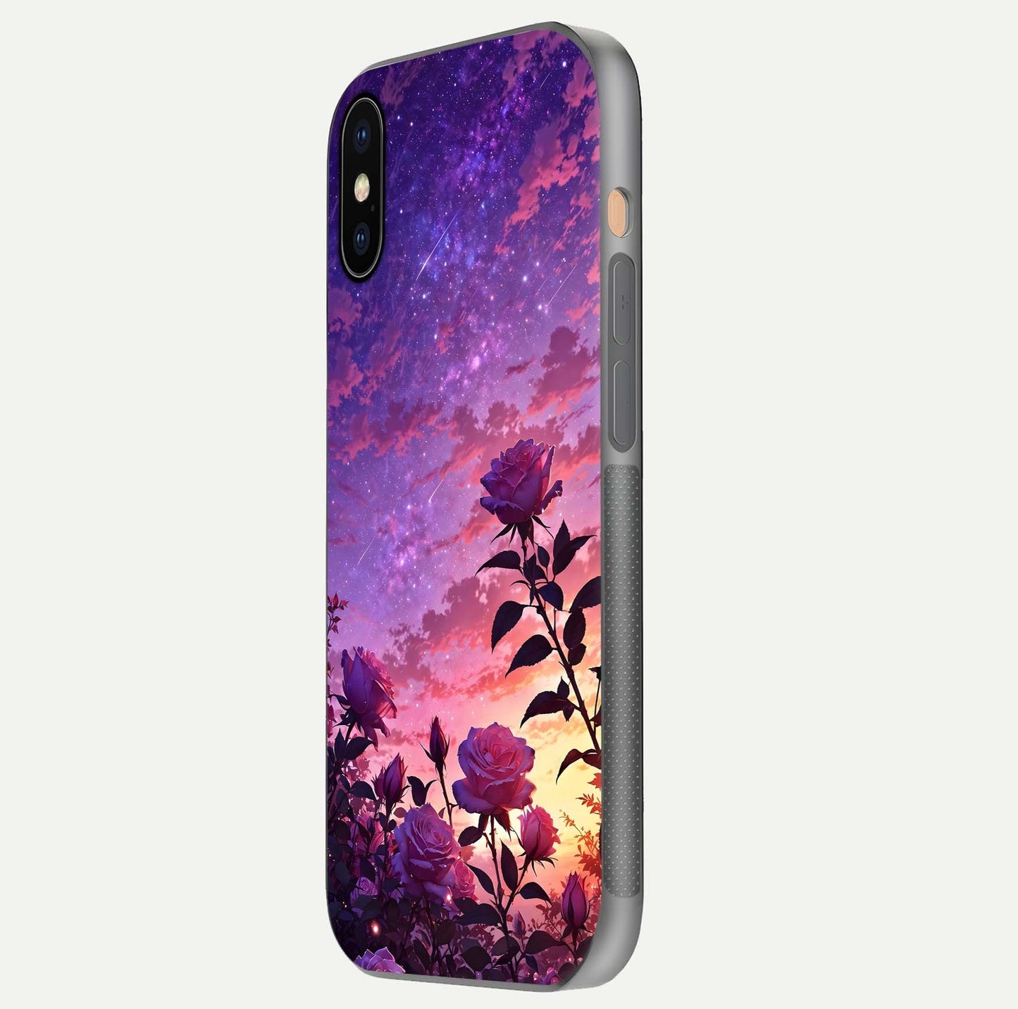 Starlit Rose Twilight Glass Case for iPhone Xs side-angle image showing reflection and petal contrast