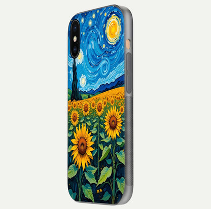Starry Sunflower Dreams Glass Case for iPhone Xs side-angle image showing reflection, stars, and yellow tone