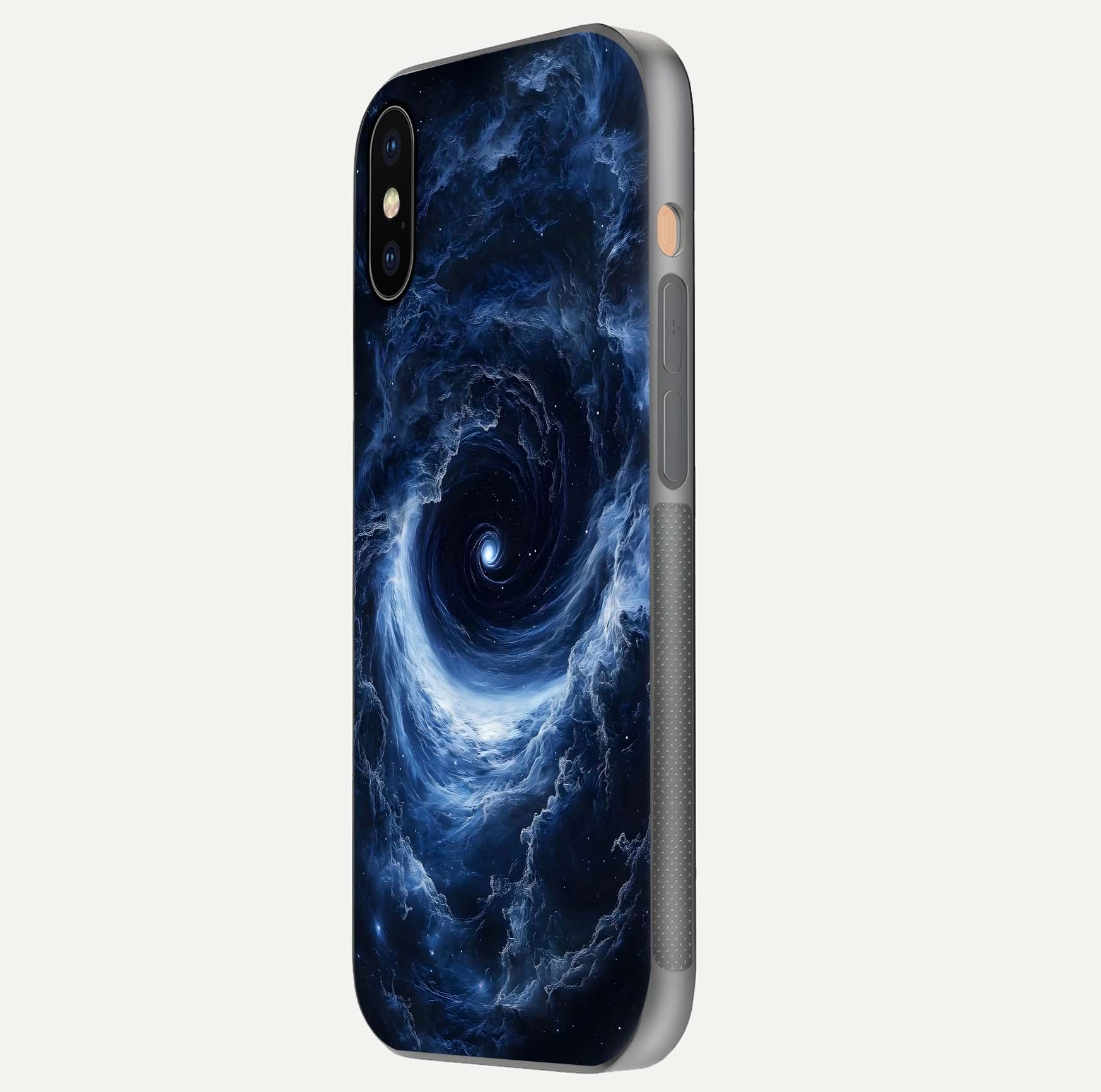 Stunning Galaxy Glass Case for iPhone Xs side-angle image showing glossy reflection and space detailing