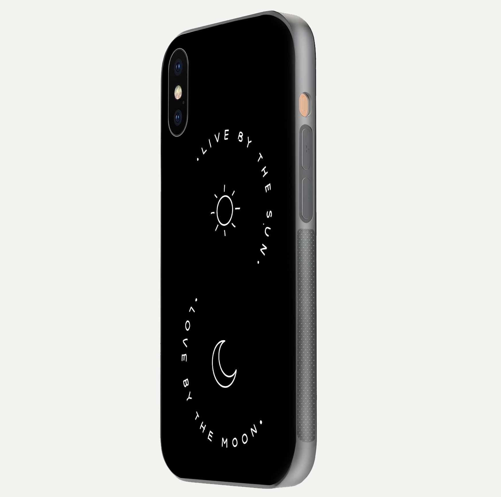 Sun Moon Balance Glass Case for iPhone Xs side-angle image showing reflection and celestial detailing