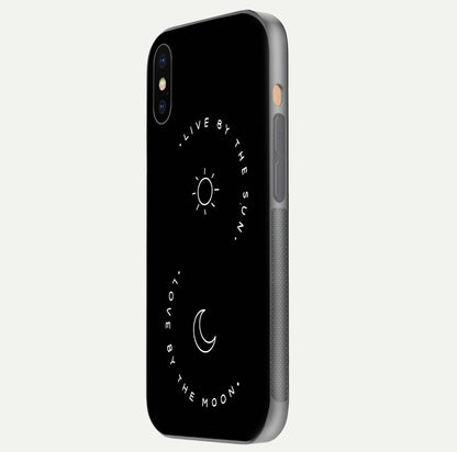 Sun Moon Balance Glass Case for iPhone Xs side-angle image showing reflection and celestial detailing