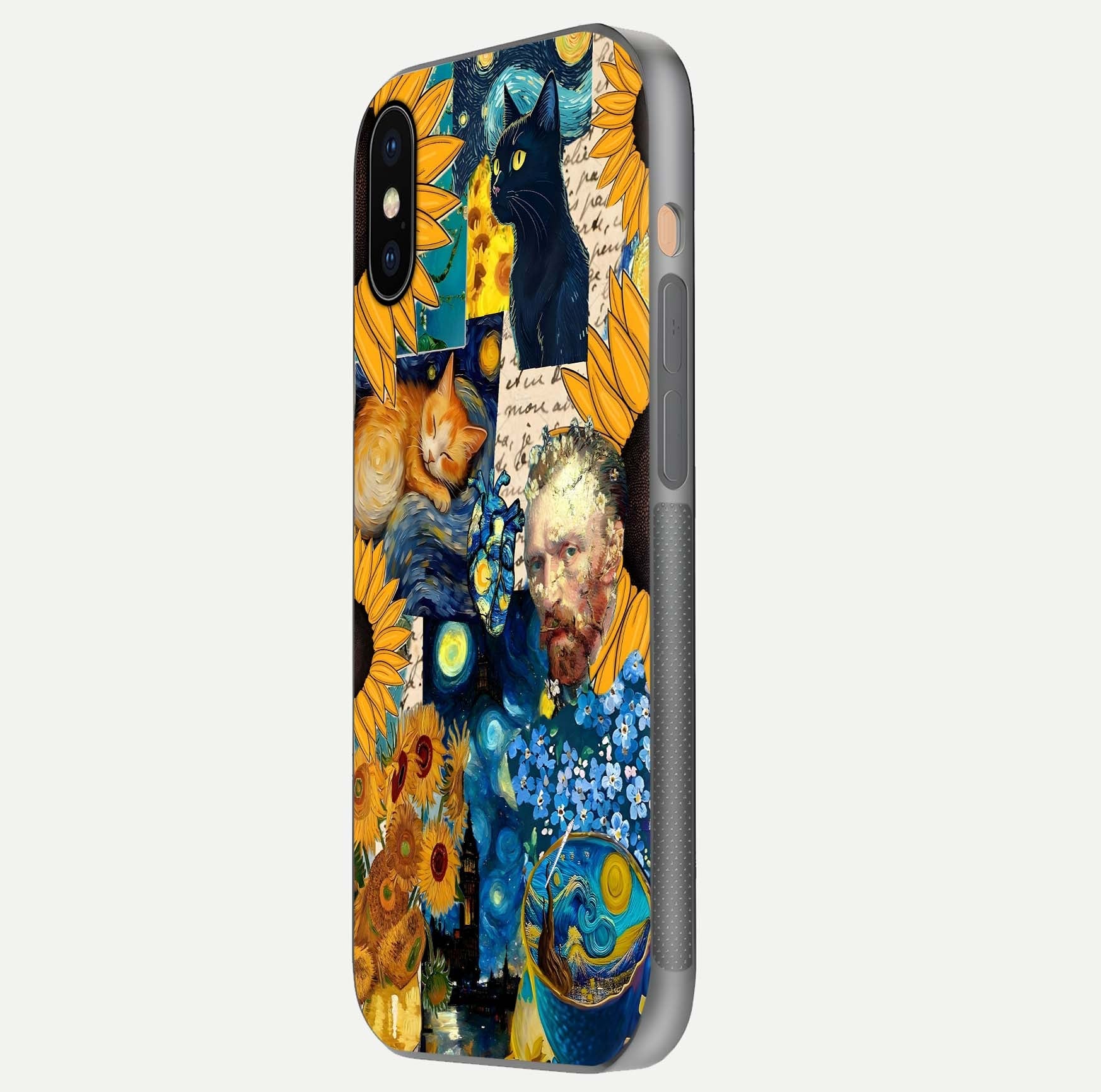Sunflower Cat Art Glass Case for iPhone Xs side-angle image showing shine, edges, and sunflower texture