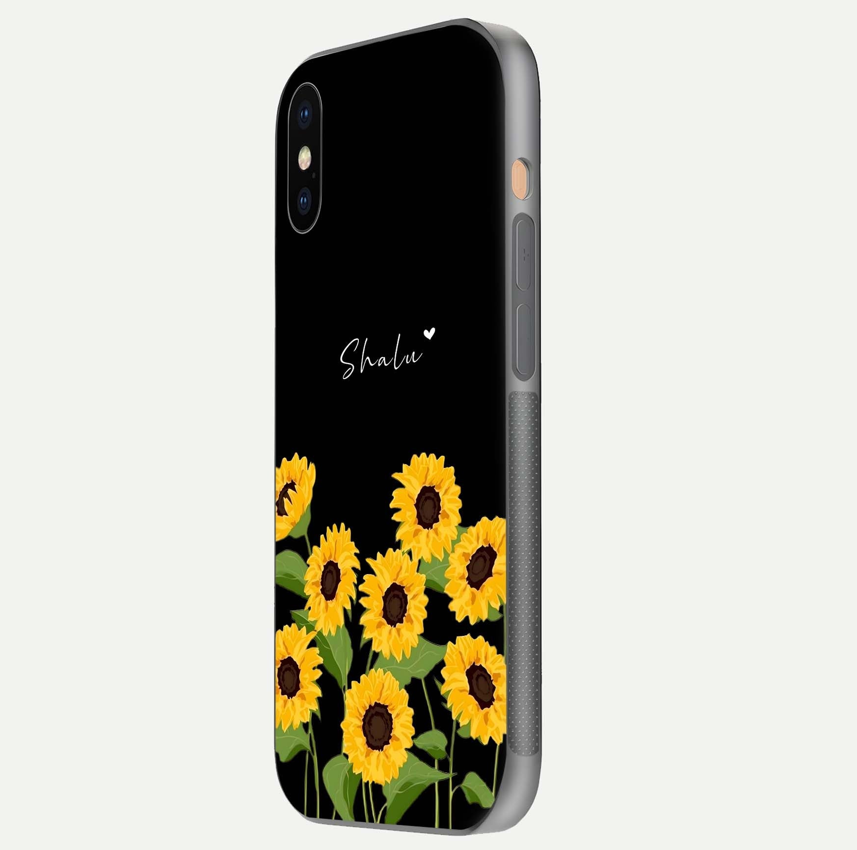 Sunflower Chic Mood Custom Name Glass Case for iPhone 16 Pro side-angle image showing reflection and yellow floral tone
