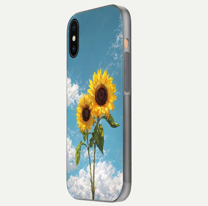 Sunflower Sky Bloom Glass Case for iPhone Xs side-angle image showing reflection, edges, and sunflower color