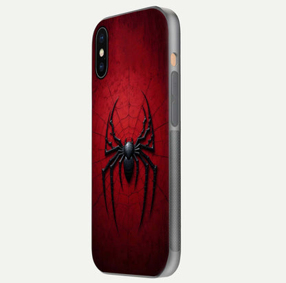 Venom Web Emblem Glass Case for iPhone Xs side-angle image showing reflection and dark color tones