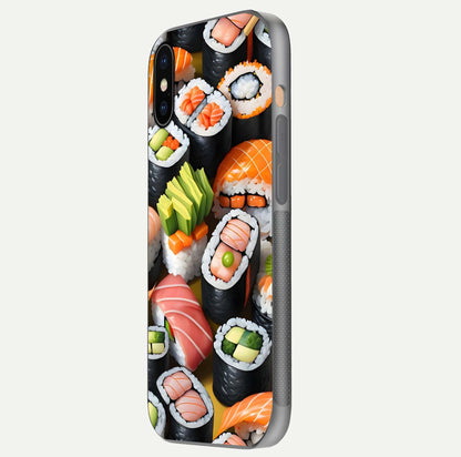 Sushi Food Pattern Glass Case for iPhone Xs side-angle image showing shine, gloss, and sushi artwork