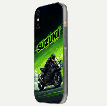 Suzuki Speed Beast Glass Case for iPhone Xs side-angle image showing reflection, gloss, and car detailing