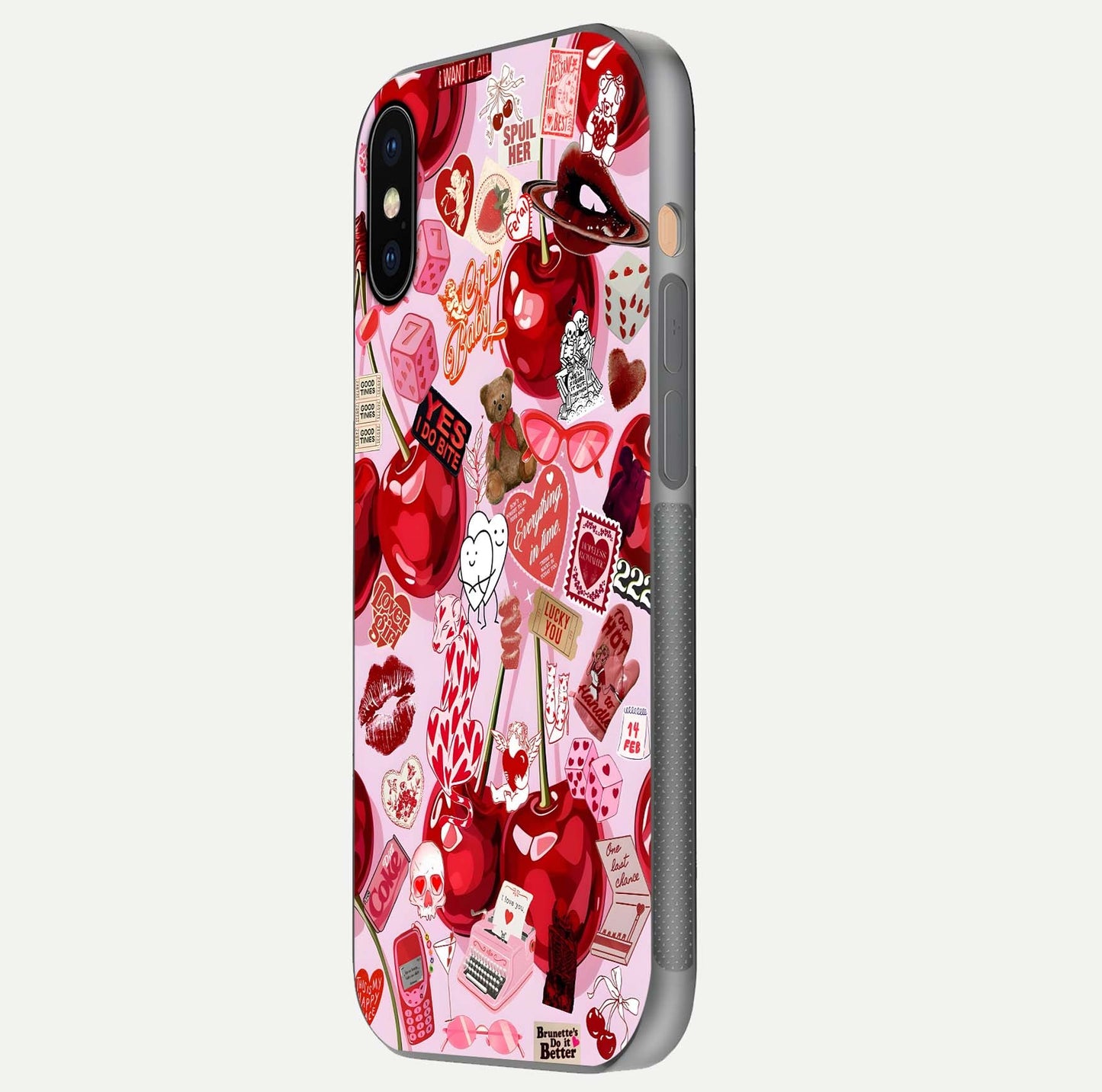 Sweet Cherry Chaos Glass Case for iPhone Xs side-angle image showing shine, gloss, and cherry details