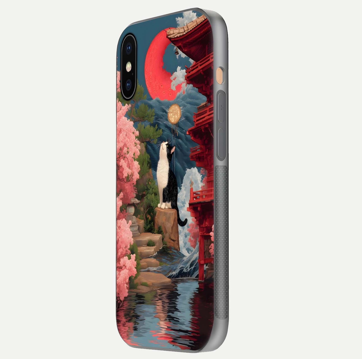 Temple Cat Scenery Glass Case for iPhone Xs side-angle image showing shine and printed temple pattern