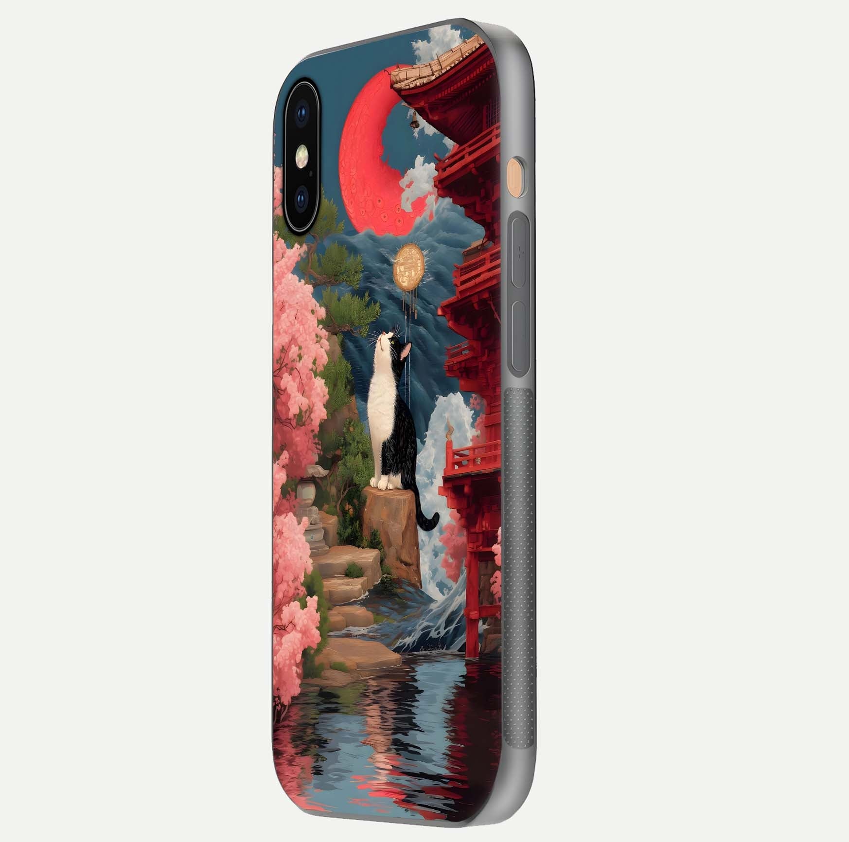 Temple Cat Scenery Glass Case for iPhone Xs side-angle image showing shine and printed temple pattern