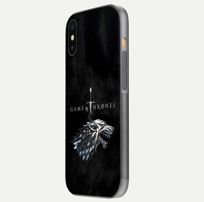 Throne Wolf Legacy Glass Case for iPhone Xs side-angle image showing gloss, texture, and HD print