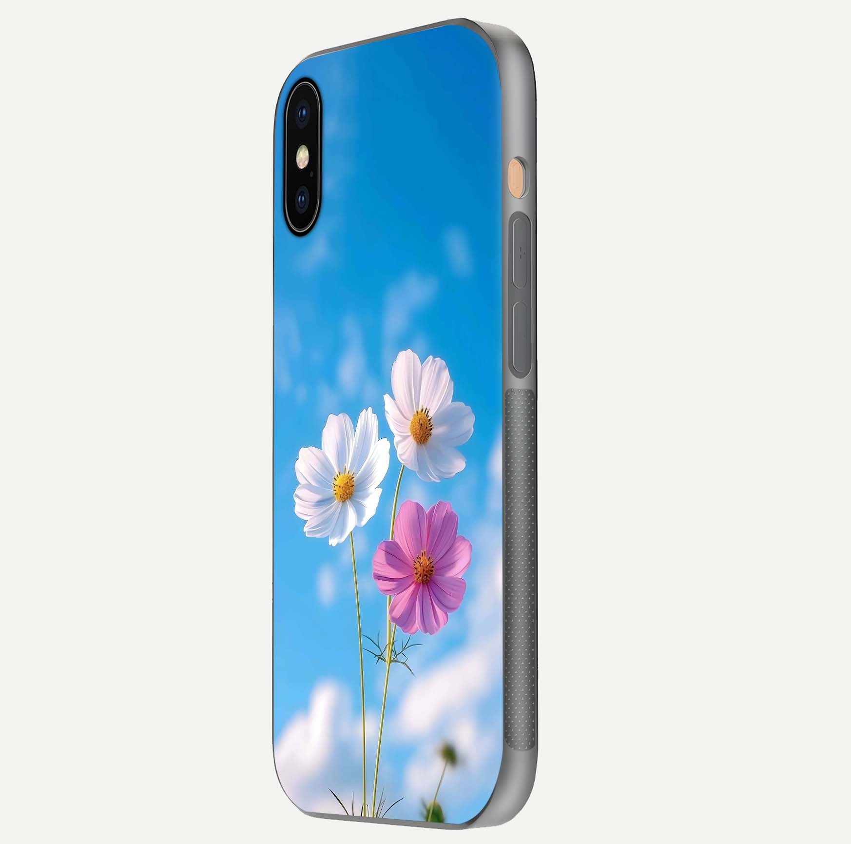 Triple Flowers With Sky Glass Case for iPhone Xs side-angle image showing gloss, texture, and floral design