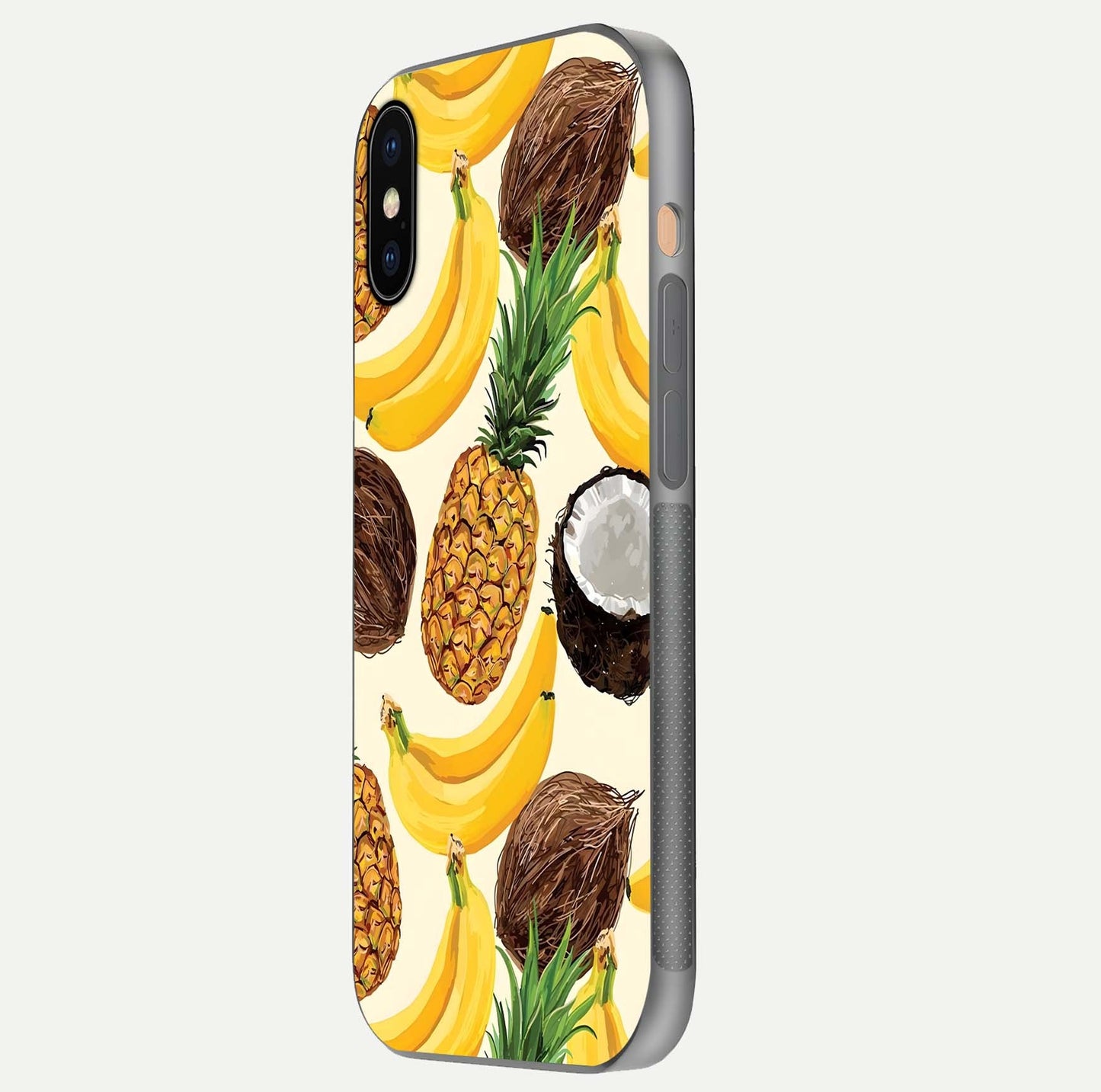 Tropical Fruit Mood Glass Case for iPhone Xs side-angle image showing reflection, gloss, and fruit details