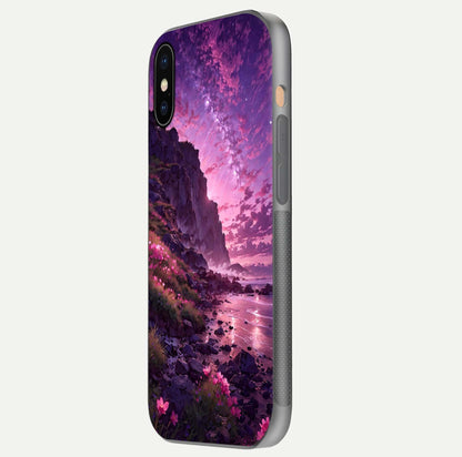 Twilight Blossom Coast Glass Case for iPhone Xs side-angle image showing shine, reflection, and petal tone