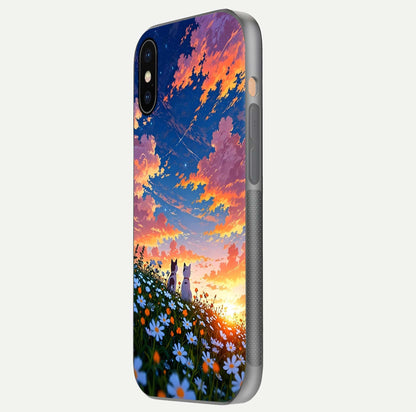 Two Cats Friends Glass Case for iPhone Xs side-angle image showing reflection, gloss, and color depth