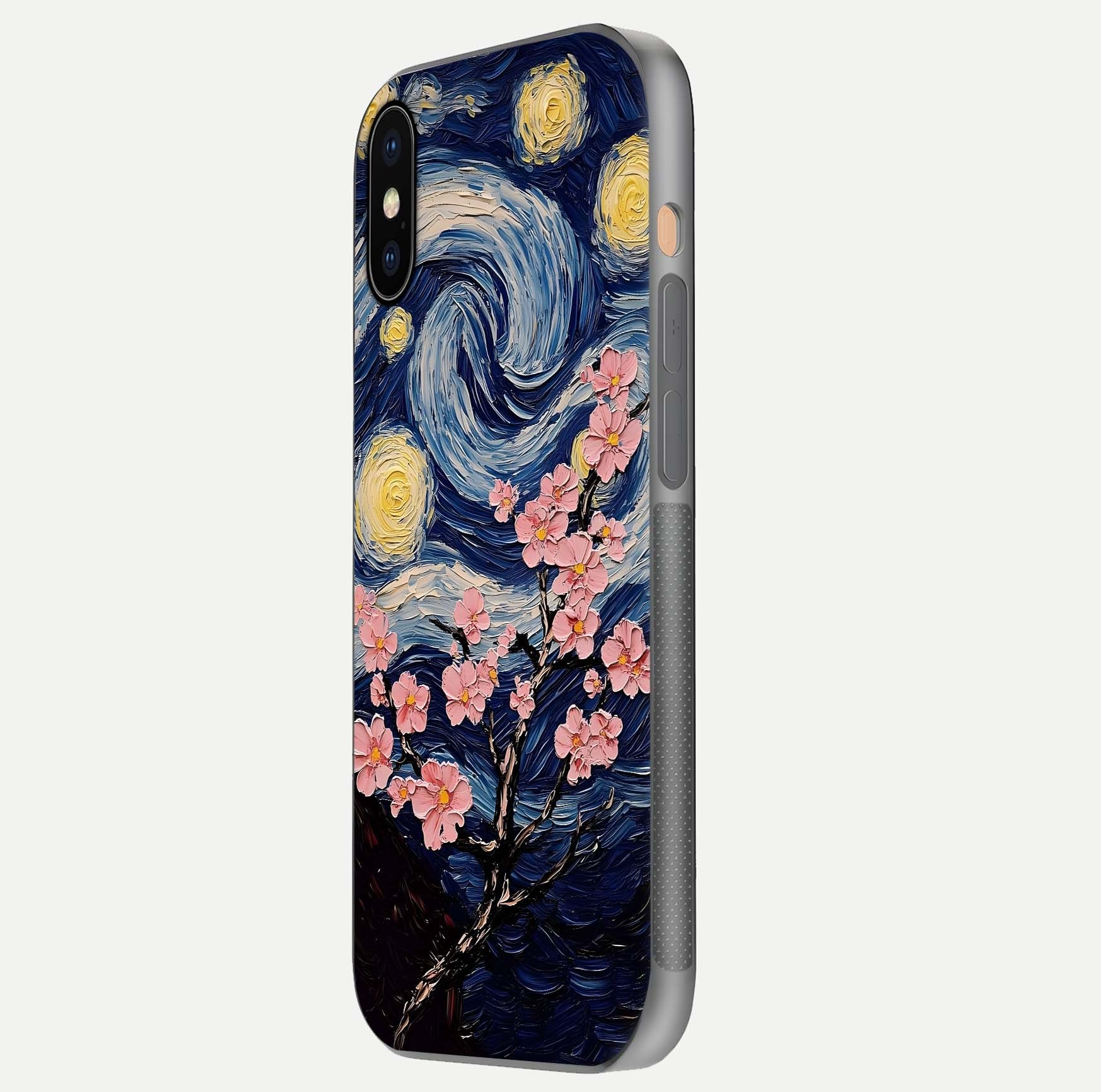 Van Gogh Scenery Glass Case for iPhone Xs side-angle image showing shine, gloss, and scenic color palette