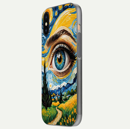 Van Gogh Eye Glass Case for iPhone 16 Pro side-angle image showing reflection, gloss, and artistic contrast