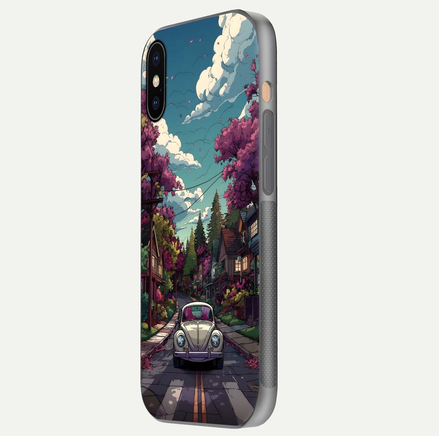Vintage Street Drive Glass Case for iPhone Xs side-angle image showing gloss reflection and design detail