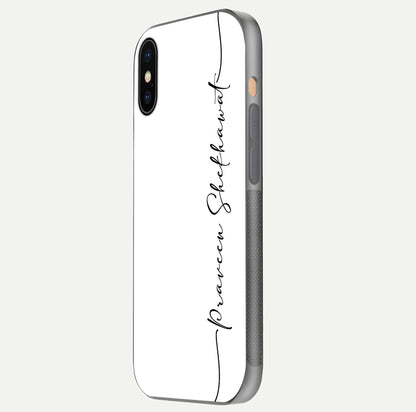 White Tune Custom Name Glass Case for iPhone Xs side-angle image showing shine, gloss, and minimal tone