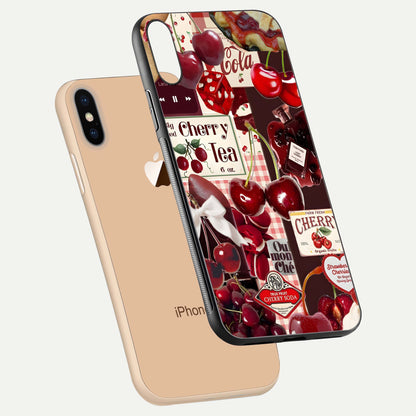 Aesthetic Cherry Tea Glass Case for iPhone 16 Pro floating dual-view mockup showing edge design and detailed cherry pattern gloss texture