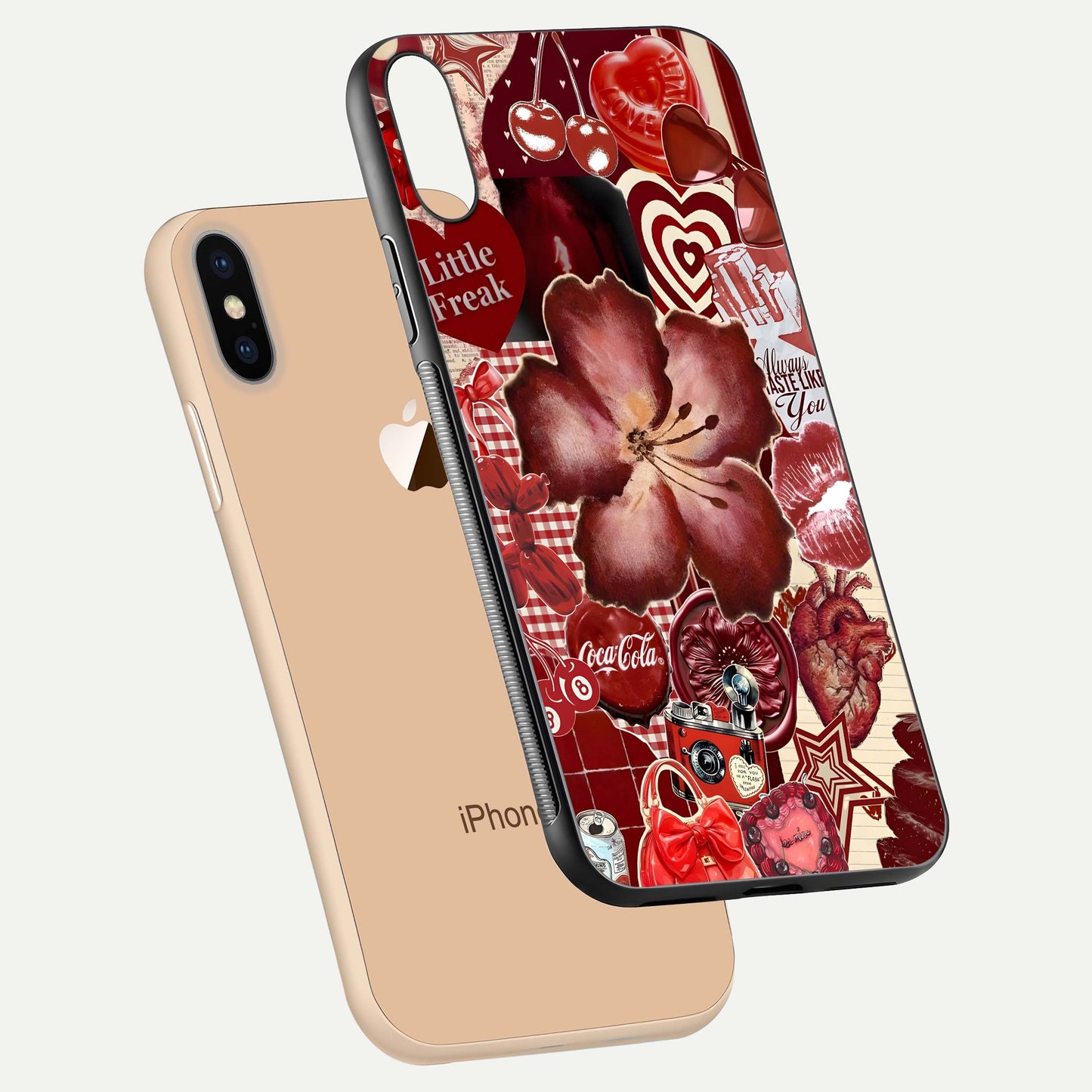 Aesthetic Little Freak Glass Case for iPhone 16 Pro floating dual-view mockup showing edge design and detailed collage gloss texture