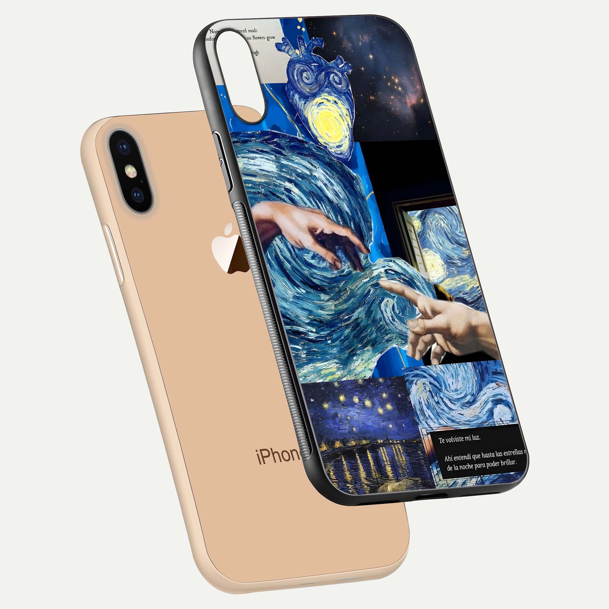 Aesthetic Vando Hands Glass Case for iPhone 16 Pro floating dual-view mockup showing slim edge profile and high-definition gloss