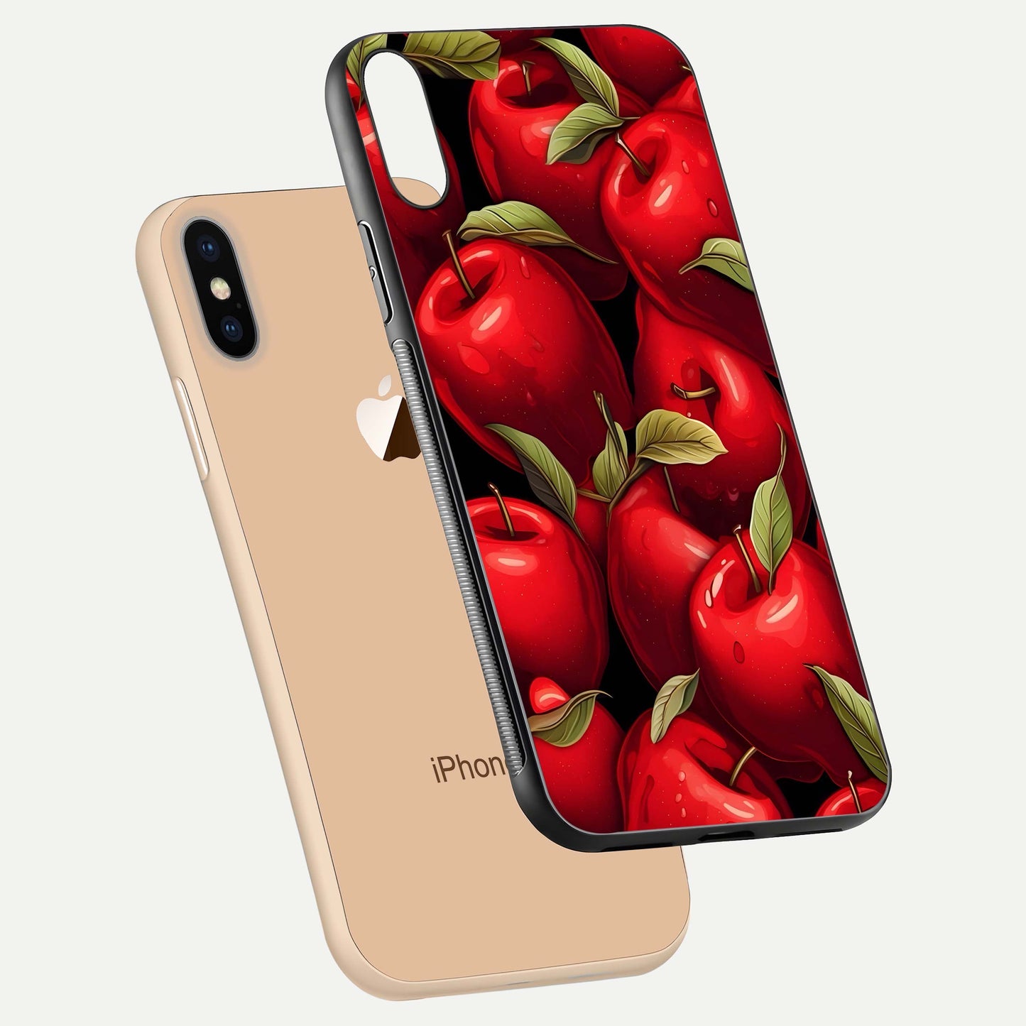 Apple Pattern Glass Case for iPhone Xs floating mockup with smooth edge detailing and pattern clarity