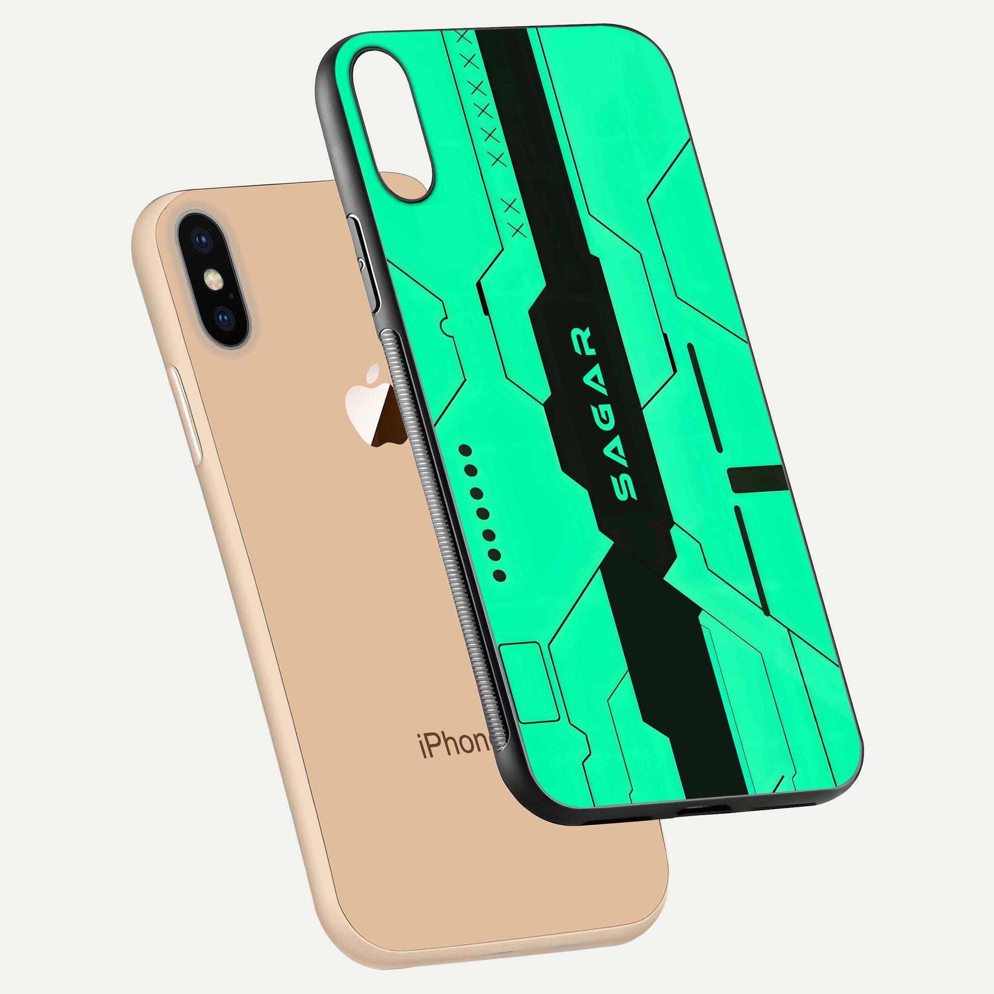 Aqua Tech CYBERPUNK Custom Name Glass Case for iPhone 16 Pro floating mockup highlighting name customization area