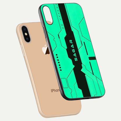 Aqua Tech CYBERPUNK Custom Name Glass Case for iPhone 16 Pro floating mockup highlighting name customization area