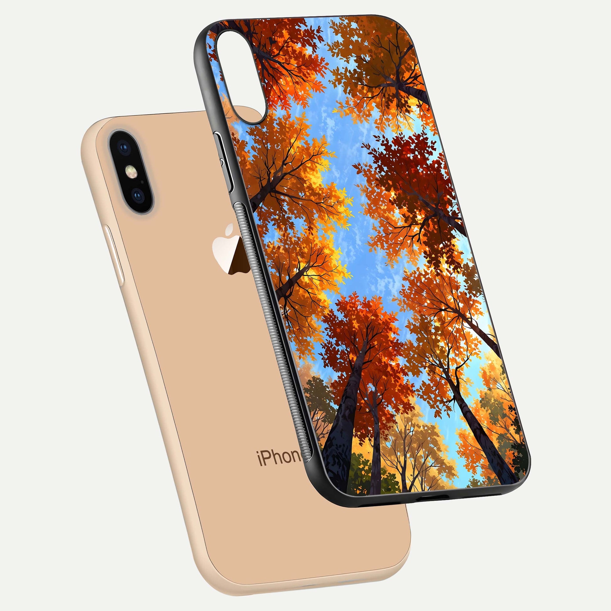 Autumn Sky Rise Glass Case for iPhone Xs floating dual-view mockup with sky horizon and glossy highlights