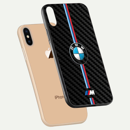BMW Pattern Glass Case for iPhone Xs floating mockup highlighting clean lines and metallic accent reflection