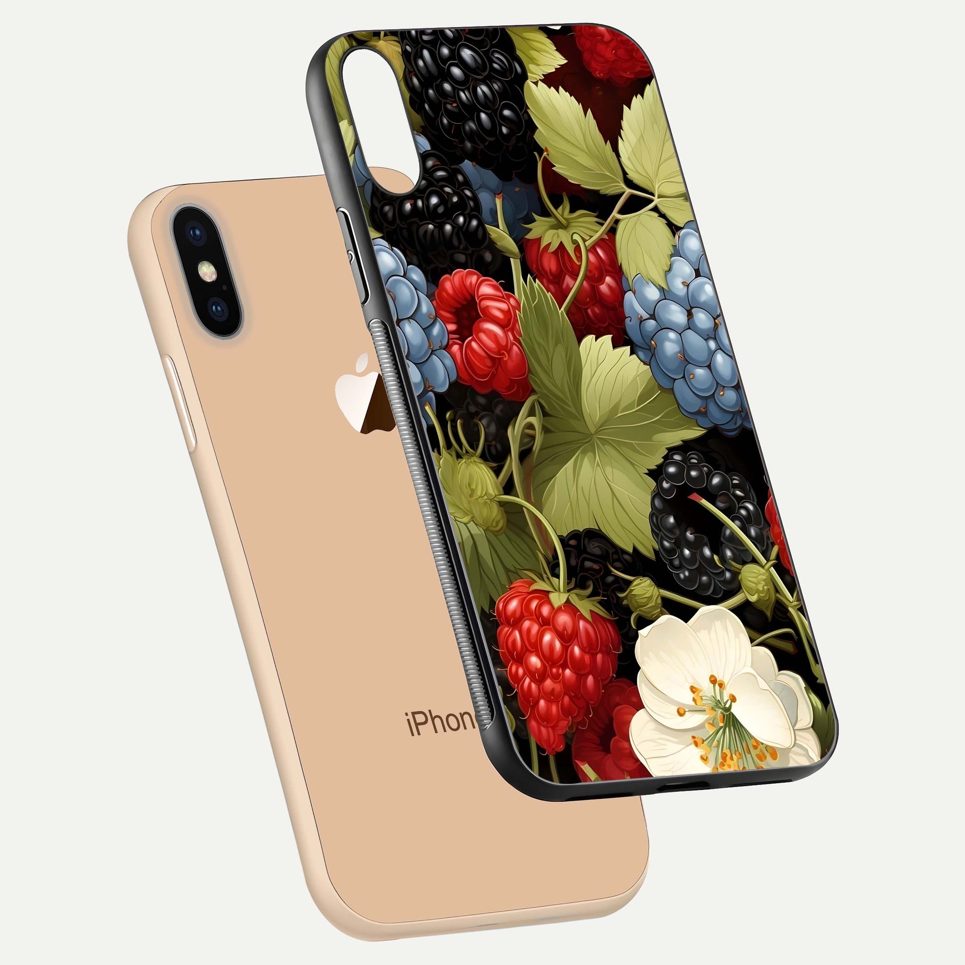 Berry Bloom Charm Glass Case for iPhone Xs floating mockup capturing glossy reflection and curved-edge finish