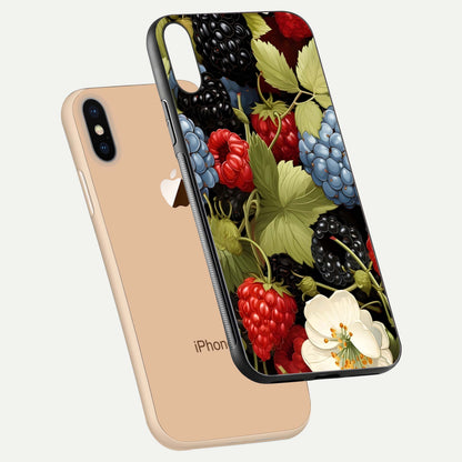 Berry Bloom Charm Glass Case for iPhone Xs floating mockup capturing glossy reflection and curved-edge finish