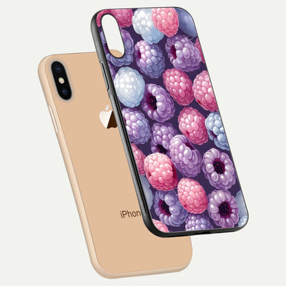 Berry Candy Pop Glass Case for iPhone Xs floating dual-view mockup highlighting gloss shine and curved edges
