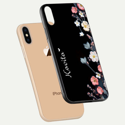 Black Elegance Floral Custom Name Glass Case for iPhone Xs floating mockup emphasizing premium shine and floral art